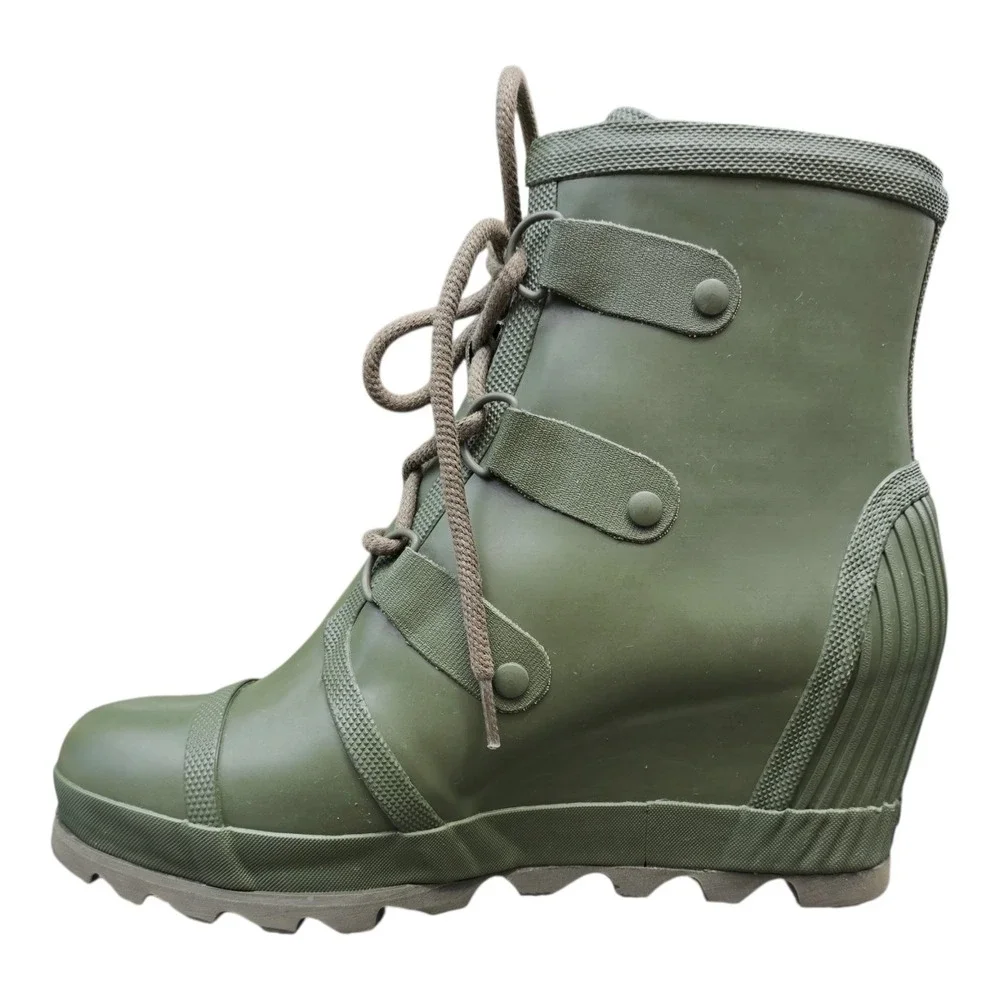 Sorel Joan Rain Wedge Boots Nori Green Olive Size 11 NL2442-383 Rare Excellent